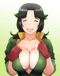 Rule 34 | 10s, 1girl, black hair, bra, breasts squeezed together, breasts, cleavage, closed eyes, gloves, large breasts, majestic prince, open clothes, open shirt, saionji reika (majestic prince), shirt, sleeves rolled up, smile, solo, ueyama michirou, underboob, underwear