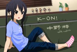 Rule 34 | 1girl, :d, absurdres, ankle socks, black hair, blue socks, blush, breasts, brown eyes, casual, commentary request, copyright name, denim, feet, figure, flower pot, hair between eyes, highres, indoors, jeans, jewelry, k-on!, lavender shirt, light blush, looking at viewer, nakano azusa, necklace, no shoes, open mouth, pants, pink socks, plant, sidelocks, sitting, small breasts, smile, socks, solo, striped clothes, striped socks, teeth, translation request, twintails, vase