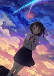 Rule 34 | 10s, 1girl, artist name, bad id, bad pixiv id, black skirt, blush, breasts, brown eyes, closed mouth, cloud, cloudy sky, collared shirt, comet, crying, crying with eyes open, dutch angle, evening, goyain, hair ribbon, hands on own chest, happy tears, highres, kimi no na wa., kneehighs, looking at viewer, medium breasts, miyamizu mitsuha, night, night sky, outdoors, pleated skirt, ribbon, shirt, short hair, signature, skirt, sky, smile, socks, solo, standing, string, string of fate, tears, white socks, white shirt