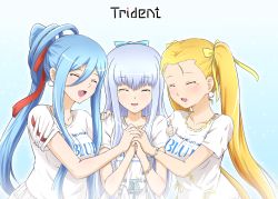 Rule 34 | 10s, 3girls, :d, ^ ^, aoki hagane no arpeggio, blonde hair, blue hair, closed eyes, diesel-turbo, girl sandwich, happy tears, haruna (aoki hagane no arpeggio), holding hands, iona (aoki hagane no arpeggio), long hair, mole, mole under mouth, multiple girls, open mouth, ponytail, sandwiched, smile, takao (aoki hagane no arpeggio), tears, twintails