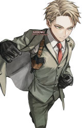 Rule 34 | 1boy, bishounen, black gloves, blonde hair, coat, concealed weapon, expressionless, formal, glint, gloves, green eyes, grey coat, grey vest, gun, handgun, kadeart, looking at viewer, looking to the side, male focus, necktie, red necktie, shirt, signature, simple background, solo, spy x family, suit, twilight (spy x family), vest, weapon, white background, white shirt