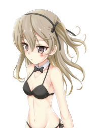 Rule 34 | 1girl, :o, bare arms, bare shoulders, bikini, black bikini, black bow, black bowtie, black hairband, blush, bow, bowtie, breasts, brown eyes, brown hair, collar, collarbone, commentary request, detached collar, flipper, girls und panzer, groin, hair between eyes, hair bow, hairband, long hair, medium breasts, navel, one side up, parted lips, shimada arisu, side-tie bikini bottom, solo, swimsuit, upper body, white collar