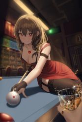 Rule 34 | bar (place), billiards, black panties, black thighhighs, blush, bra, breasts, brown hair, collarbone, copyright request, cue stick, dress, earrings, garter straps, highres, jewelry, kongsi, lace, lace-trimmed legwear, lace bra, lace trim, large breasts, long hair, panties, pendant, pool table, red dress, red eyes, sitting, solo, strapless, strapless dress, table, thighhighs, underwear
