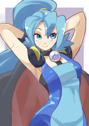 Rule 34 | 1girl, 34 (sanjushi), armpits, arms behind head, blue eyes, blue hair, bodysuit, breasts, cape, clair (pokemon), closed mouth, creatures (company), dress, game freak, highres, jewelry, large breasts, long hair, nintendo, pokemon, pokemon hgss, ponytail, skin tight, smile, solo
