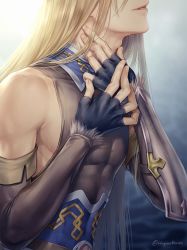 Rule 34 | 1boy, bare shoulders, blonde hair, fate/grand order, fate (series), fingerless gloves, fionn mac cumhaill (fate/grand order), fur trim, gloves, hagino kouta, hands on own neck, highres, lips, long hair, long sleeves, male focus, parted lips, shirt, skin tight, sleeveless, sleeveless shirt, smile, solo, sweat, twitter username