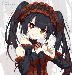 Rule 34 | 1girl, bare shoulders, black hair, clock eyes, commission, date a live, detached sleeves, frilled hairband, frills, hairband, heterochromia, highres, lolita fashion, lolita hairband, looking at viewer, shiroi ou, smile, solo, symbol-shaped pupils, tokisaki kurumi, twintails, twitter username, two-tone dress, upper body