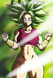 Rule 34 | 1girl, big hair, breasts, charge sol, dragon ball, dragon ball fighterz, dragon ball super, earrings, female focus, green eyes, green hair, highres, jewelry, kefla (dragon ball), light rays, navel, simple background, solo, spiked hair, standing, thick thighs, thighs