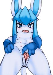 Rule 34 | 1girl, blue eyes, creatures (company), extra breasts, female focus, flat chest, furry, furry female, game freak, gen 4 pokemon, glaceon, highres, nintendo, nipples, open mouth, pokemon, pokemon (creature), pussy, ruishin, solo, uncensored, white background