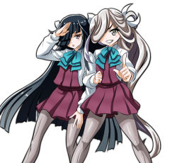 Rule 34 | &gt;:d, 10s, 2girls, :d, arm hug, asashimo (kancolle), black hair, grey eyes, grin, hair over one eye, hair ribbon, hayashimo (kancolle), kantai collection, long hair, looking at viewer, multiple girls, open mouth, pantyhose, ribbon, salute, school uniform, silver hair, silver legwear, simple background, smile, tk8d32, v-shaped eyebrows