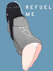 Rule 34 | 1girl, ass, atamonica, back, black hair, blue background, commentary, cowboy shot, cropped legs, dated, english commentary, english text, from behind, grey hoodie, hand on own knee, highres, hood, hoodie, leaning forward, long hair, long sleeves, no pants, noise, original, panties, signature, simple background, solo, straight hair, thighs, underwear, white panties