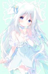 Rule 34 | 1girl, ahoge, animal ears, bare shoulders, blue bow, blue dress, blue eyes, blush, bow, breasts, cleavage, closed mouth, commentary request, dress, garter straps, green background, hair between eyes, hand up, head tilt, highres, indie virtual youtuber, long hair, looking at viewer, medium breasts, official art, sharo futaba, shiratama (shiratamaco), sleeveless, sleeveless dress, smile, solo, thighhighs, very long hair, virtual youtuber, white hair, white thighhighs, wolf ears, wrist cuffs