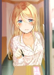 Rule 34 | 1girl, ayase eli, blonde hair, blue eyes, blurry, blush, breasts, cleavage, collarbone, commentary request, delivery, depth of field, doorway, hair between eyes, hair down, long hair, long sleeves, love live!, love live! school idol project, mogu (au1127), open mouth, package, pajamas, pov, pov doorway, signing, solo, sweatdrop