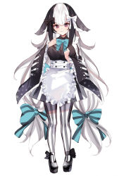 Rule 34 | 1girl, :3, animal ears, apron, bikini, black bow, black footwear, black hair, blue bow, bow, bowtie, breasts, closed mouth, commentary request, frilled apron, frilled bikini, frills, full body, grey hair, hair between eyes, hair bow, hands up, highres, large breasts, long hair, long sleeves, looking at viewer, low-tied long hair, md5 mismatch, miyasaka miyabi, multicolored hair, original, pantyhose, platform footwear, rabbit ears, resolution mismatch, shoes, short eyebrows, side ponytail, simple background, skirt, solo, source larger, standing, striped clothes, striped pantyhose, striped skirt, swimsuit, thick eyebrows, twintails, vertical-striped clothes, vertical-striped pantyhose, vertical-striped skirt, very long hair, white apron, white background, white bow, white hair, wide sleeves