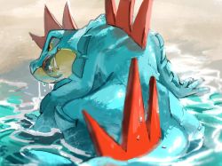 Rule 34 | bad id, bad twitter id, claws, creatures (company), fangs, fangs out, feraligatr, fish, from behind, game freak, gen 2 pokemon, highres, nintendo, no humans, pecohophop, pokemon, pokemon (creature), wading, water, wet, yellow eyes