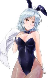 Rule 34 | 1girl, ahoge, alternate costume, animal ears, bare arms, bare shoulders, black bow, black bowtie, blush, bow, bowtie, breasts, bunny day, cleavage, collarbone, commentary request, cowboy shot, detached collar, fake animal ears, feathered wings, fishnet pantyhose, fishnets, hand up, head tilt, highres, kishin sagume, large breasts, leotard, looking at viewer, pantyhose, parted lips, playboy bunny, rabbit ears, red eyes, short hair, silver hair, simple background, single wing, solo, standing, touhou, white background, white wings, wings, wrist cuffs, y2