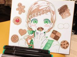 Rule 34 | 1girl, art tools in frame, blush, bow, braid, brown hair, checkerboard cookie, chocolate chip cookie, commentary request, cookie, eating, food, food on face, gingerbread man, green bow, green eyes, green nails, hair bow, highres, long hair, looking at viewer, nail polish, original, photo (medium), shirt, sofra, solo, thumbprint cookie, traditional media, upper body, white shirt