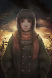 Rule 34 | 1girl, absurdres, backlighting, braid, brown eyes, brown hair, cloud, coat, commentary request, diandianzai, remembrance of earth&#039;s past, hands in pockets, highres, lips, long hair, looking at viewer, nose, outdoors, sad, scarf, sky, solo, sunset, twin braids, upper body, ye wenjie