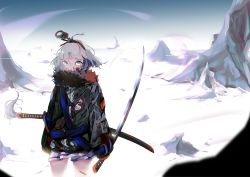 Rule 34 | 1girl, adapted costume, ahoge, bad id, bad pixiv id, blood, blood on clothes, blood on face, blunt bangs, commentary request, crying, crying with eyes open, fur collar, green jacket, grey eyes, grey hair, hair ornament, highres, holding, holding sword, holding weapon, jacket, katana, konpaku youmu, long sleeves, miniskirt, ringed eyes, short hair, skirt, sleeves past wrists, solo, sword, tassel, tears, touhou, weapon, white skirt, yonemuro, zipper
