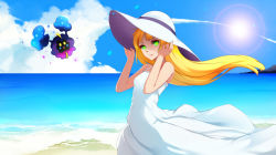 Rule 34 | 1girl, :d, bad id, bad pixiv id, bare shoulders, beach, blonde hair, cloud, cosmog, creatures (company), day, dress, floating hair, from side, game freak, gen 7 pokemon, green eyes, hands on headwear, hat, highres, legendary pokemon, lillie (pokemon), long hair, looking at viewer, nintendo, open mouth, outdoors, parted lips, pokemon, pokemon (creature), pokemon sm, sky, sleeveless, sleeveless dress, smile, sparkle, sun hat, sundress, toki to shishin, very long hair, water, white dress, white hat