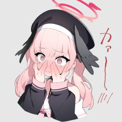 Rule 34 | 1girl, @ @, black headwear, blue archive, blush, closed mouth, grey background, halo, hands on own face, koharu (blue archive), long sleeves, pink eyes, pink hair, pretty mundane, red halo, short hair, simple background, solo, twintails, upper body, winged hat