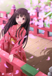 Rule 34 | 1girl, absurdres, black hair, brown hair, fence, flower, highres, japanese clothes, kimono, long hair, nicoby, open mouth, original, red eyes, solo