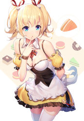 Rule 34 | &gt;:o, 1girl, apron, arm behind back, bare shoulders, blonde hair, blue eyes, blush, breasts, collarbone, colored eyelashes, commentary request, cowboy shot, detached sleeves, dress, finger to mouth, food, hair between eyes, highres, leaning forward, lips, maid, maid apron, medium breasts, open mouth, original, ririko (zhuoyandesailaer), short dress, skindentation, solo, thighhighs, thighs, twintails, two side up, v-shaped eyebrows, white thighhighs, yellow dress