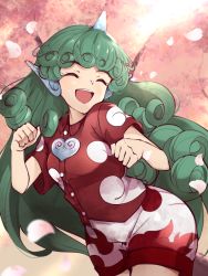 Rule 34 | 13-gou, 1girl, blush, breasts, buttons, cherry blossoms, closed eyes, collared shirt, commentary request, cowboy shot, curly hair, full body, green eyes, green hair, happy, heart, horns, kariyushi shirt, komainu, komano aunn, long hair, looking at viewer, medium breasts, open mouth, paw pose, petals, red shirt, shirt, short shorts, short sleeves, shorts, single horn, smile, solo, standing, touhou, tree, upper body, very long hair, white shorts, wing collar