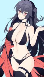 1girl absurdres azur_lane bare_shoulders bikini black_bikini black_choker black_hair black_thighhighs blush breasts choker cleavage collarbone eyewear_on_head hair_between_eyes highres jacket large_breasts long_hair looking_at_viewer multi-strapped_bikini_bottom multiple_straps navel o-los off-shoulder_jacket off_shoulder official_alternate_costume race_queen red_eyes red_jacket skindentation smile solo sunglasses swimsuit taihou_(azur_lane) taihou_(enraptured_companion)_(azur_lane) thigh_strap thighhighs thighs tongue tongue_out