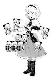 Rule 34 | 1girl, alice margatroid, apron, arm up, arms up, belt, black belt, black bow, black eyes, black footwear, black hairband, black necktie, book, boots, bow, bow (weapon), cape, closed mouth, collar, doll, dress, flying, frilled dress, frills, grey dress, greyscale, hair between eyes, hairband, hand up, hands up, hatching (texture), highres, long hair, long sleeves, looking at another, looking to the side, maguro (mawaru sushi), medium hair, monochrome, necktie, polearm, shanghai doll, shield, shoes, short hair, simple background, solo, spear, standing, star (symbol), sword, touhou, weapon, white apron, white background, white cape, white hair