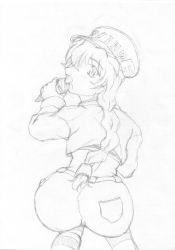 Rule 34 | 1990s (style), 1girl, all fours, artist request, ass, back, blush, braid, food, from behind, hat, ice cream, jacket, licking, long hair, looking back, psychic force, retro artstyle, saliva, shorts, single braid, sketch, striped clothes, striped thighhighs, taito, thighhighs, tongue, tongue out, wendy ryan