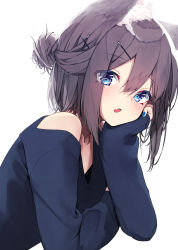 Rule 34 | 1girl, absurdres, animal ear fluff, animal ears, arm support, bare shoulders, black shirt, blue eyes, blue nails, blush, brown hair, collarbone, commentary request, fang, hair between eyes, hair bun, hair ornament, hairclip, head in hand, head rest, highres, long sleeves, looking at viewer, mayogii, nail polish, off shoulder, original, parted lips, shirt, simple background, single hair bun, sleeves past wrists, solo, upper body, white background, x hair ornament