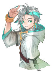 Rule 34 | 1boy, ainchase ishmael, antenna hair, aqua hair, arm up, bracelet, closed mouth, earrings, elsword, green eyes, grey hair, hatching (texture), highres, hood, hood down, jewelry, male focus, multicolored hair, rein00, signature, simple background, single earring, smile, solo, white background