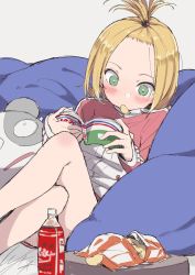 Rule 34 | 1girl, bag of chips, bangs pinned back, bare legs, bean bag chair, blonde hair, bottle, character request, chips (food), copyright request, crossed legs, eating, female focus, food, green eyes, io naomichi, reading, sitting, solo, stuffed toy, topknot