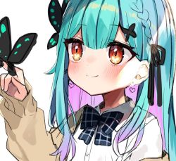 Rule 34 | 1girl, black butterfly, black ribbon, blue bow, blue bowtie, blue hair, blush, bow, bowtie, braid, brown jacket, bug, butterfly, butterfly on hand, closed mouth, colored inner hair, earrings, hair ribbon, heart, heart earrings, hololive, insect, jacket, jewelry, long hair, looking up, multicolored hair, noi mine, plaid, plaid bow, plaid bowtie, purple hair, red eyes, ribbon, shirt, simple background, smile, solo, upper body, uruha rushia, uruha rushia (school uniform), virtual youtuber, white background, white shirt