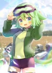 Rule 34 | 1girl, :d, animal ears, arms up, black shorts, black thighhighs, blurry, blurry background, blush, cat ears, cat girl, cat tail, depth of field, fang, goggles, goggles on head, green eyes, green hair, green jacket, green sweater, hair between eyes, jacket, kou hiyoyo, long sleeves, looking at viewer, open clothes, open jacket, open mouth, original, puffy long sleeves, puffy sleeves, short shorts, shorts, smile, solo, sweater, tail, thighhighs