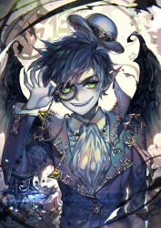 Rule 34 | 1boy, animal, animification, anti-cosmo, artist name, ascot, belt, black cat, black wings, blue hair, buttons, cat, chain, collared shirt, colored skin, copyright name, dated, evil smile, fangs, fingernails, formal, green eyes, grey skin, hat, highres, jacket, kawacy, long fingernails, looking at viewer, male focus, mini hat, monocle, pointy ears, sharp fingernails, shirt, smile, solo, star (symbol), teeth, the fairly oddparents, upper body, wand, white shirt, wings