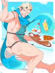 Rule 34 | 1boy, :d, alternate costume, apron, ass, bara, bare shoulders, black fundoshi, black hair, black male underwear, blonde hair, blue apron, blue scarf, crow (siranui), curry, food, foot out of frame, fundoshi, highres, holding, holding tray, horns, ice cream, japanese clothes, jiraiya (housamo), looking at viewer, male focus, male underwear, multicolored hair, muscular, muscular male, no pants, oni, open mouth, pectorals, pointy ears, scarf, short hair, sideburns, sidepec, skin-covered horns, smile, solo, thighs, tokyo houkago summoners, tray, two-tone hair, undercut, underwear