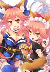 Rule 34 | 2girls, animal ears, animal hands, bare shoulders, bell, blue ribbon, blue thighhighs, bow, breasts, cat paws, cleavage, collar, collarbone, commentary request, detached sleeves, dual persona, fangs, fate/grand order, fate (series), fox ears, fox tail, gloves, goushou, hair bow, hair ribbon, japanese clothes, jingle bell, large breasts, long hair, looking at viewer, maid headdress, multiple girls, neck bell, open mouth, paw gloves, pink hair, ponytail, red ribbon, ribbon, simple background, tail, tamamo (fate), tamamo no mae (fate/extra), thighhighs, white background, yellow eyes