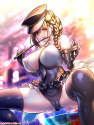 Rule 34 | 1girl, absurdres, armpit crease, artist name, bare shoulders, between breasts, black gloves, black hat, black necktie, black shorts, black thighhighs, blurry, blurry background, braid, braided ponytail, breasts, brown eyes, brown hair, cameltoe, cherry, closed mouth, cocktail glass, collarbone, collared shirt, commentary request, corset, covered erect nipples, cup, drink, drinking glass, earrings, elbow gloves, eyes visible through hair, feet out of frame, food, frills, from below, fruit, glint, gloves, hair between eyes, hair over one eye, hair over shoulder, hands up, hat, highres, holding riding crop, idolmaster, idolmaster shiny colors, indoors, jewelry, kuwayama chiyuki, large breasts, licking, light blush, long hair, looking at viewer, looking down, momo-chan atakku, necktie, necktie between breasts, no bra, open clothes, open shirt, oversized food, oversized object, peaked cap, riding crop, shirt, shirt tucked in, short shorts, shorts, single braid, sitting, sleeveless, sleeveless shirt, smile, solo, spread legs, thighhighs, tongue, tongue out, underbust, white shirt