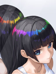 Rule 34 | 1girl, absurdres, against mirror, black hair, blue eyes, blunt bangs, closed mouth, color wheel, from above, grey background, highres, hime cut, long hair, looking at viewer, mirror, omeletricetaro3, original, portrait, rainbow gradient, reflection, shirt, sidelocks, simple background, sleeveless, sleeveless shirt, solo, straight hair, white shirt