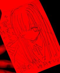 Rule 34 | 1girl, artist&#039;s hand in frame, bags under eyes, collared shirt, highres, long hair, looking at viewer, monochrome, neck ribbon, noroi (rnatataki), one eye closed, original, parted lips, photo (medium), red theme, ribbon, shirt, solo, traditional media, translation request, upper body
