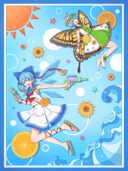Rule 34 | 2girls, alternate costume, antennae, aqua hair, barefoot, blue eyes, blue hair, blush, butterfly wings, cirno, detached wings, dress, eternity larva, fairy, flower, food, hair between eyes, hair flower, hair ornament, highres, hiratose02 (mxx 459), holding, holding food, holding water gun, ice, ice cream, ice wings, insect wings, multiple girls, open mouth, orange eyes, pointy ears, sandals, short hair, sleeveless, sleeveless dress, smile, sunflower, touhou, water gun, wings, yellow flower