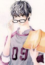 Rule 34 | 1boy, ao haru ride, book, brown eyes, closed mouth, football uniform, glasses, hands up, ichinose ren, looking at viewer, serious, short hair, simple background, sportswear, white background, white hair