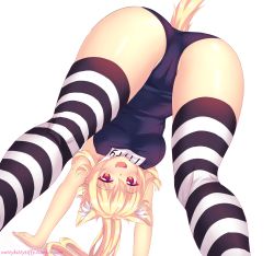 Rule 34 | 1girl, all fours, animal ear fluff, animal ears, ass, blonde hair, cat ears, cat tail, highres, horizontal-striped legwear, long hair, looking at viewer, looking through own legs, name tag, nottytiffy, one-piece swimsuit, open mouth, original, ponytail, red eyes, school swimsuit, solo, striped clothes, striped thighhighs, swimsuit, tail, thighhighs, tiffy (nottytiffy), top-down bottom-up, watermark, web address, white background