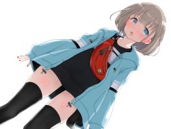 Rule 34 | 1girl, :o, black sweater, black thighhighs, blue eyes, blue jacket, blush, brown hair, collarbone, commentary request, earrings, highres, idolmaster, idolmaster shiny colors, jacket, jewelry, looking at viewer, rocha (aloha ro cha), serizawa asahi, short hair, simple background, solo, sweater, thighhighs, white background