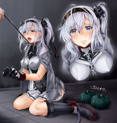 Rule 34 | 1girl, anchor symbol, bdsm, black gloves, black headband, black sailor collar, bondage, bound, bound arms, bound wrists, breasts, chain, clothes writing, collar, corset, crying, crying with eyes open, cuffs, cuffs-to-collar, gloves, grey jacket, hachimaki, headband, highres, jacket, kantai collection, leash, long hair, medium breasts, miniskirt, multicolored clothes, multicolored gloves, multiple views, one side up, pleated skirt, purple eyes, restrained, sailor collar, shackles, silver hair, skirt, slave, suzutsuki (kancolle), tears, tsukineko, white gloves, white headband, white neckwear, white skirt