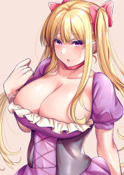 Rule 34 | 1girl, :o, absurdres, adapted costume, alternate hairstyle, blonde hair, blush, bow, breasts, cleavage, collar, collarbone, corset, dress, frills, hair bow, hand up, highres, huge breasts, long hair, looking at viewer, mirufui, no headwear, open mouth, pink background, puffy short sleeves, puffy sleeves, purple dress, purple eyes, red collar, short sleeves, sidelocks, simple background, solo, touhou, twintails, yakumo yukari