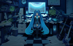 Rule 34 | 1girl, blue hair, book, clock, computer, guitar, hatsune miku, headphones, highres, inago, instrument, keyboard (computer), long hair, mikumix, sitting, solo, spring onion, twintails, very long hair, vocaloid, wallpaper
