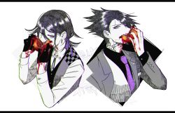 Rule 34 | 2boys, alternate costume, alternate hair color, alternate hairstyle, black hair, black shirt, collared shirt, commentary request, cropped torso, danganronpa (series), danganronpa v3: killing harmony, earrings, eating, food, fruit, gloves, hair between eyes, hair ribbon, hand up, hands up, holding, holding food, holding fruit, jewelry, limited palette, long sleeves, looking at viewer, male focus, momota kaito, multiple boys, nagi to (kennkenn), neck tattoo, necktie, oma kokichi, pink neckwear, pink ribbon, pomegranate, purple ribbon, ribbon, shirt, tattoo, upper body, vest, yonic symbol