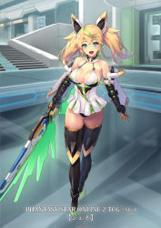 Rule 34 | 1girl, bare shoulders, blonde hair, breasts, cleavage, commentary, copyright name, cuboon, dress, elbow gloves, full body, gene (pso2), gloves, green hair, hair ornament, holding, holding sword, holding weapon, indoors, large breasts, looking at viewer, microdress, multicolored hair, official art, open mouth, phantasy star, phantasy star online 2, smile, solo, standing, sword, thighhighs, twintails, weapon